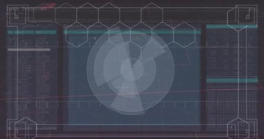 Animation of round scanner over interface with data processing against black background. Computer interface and business technology concept