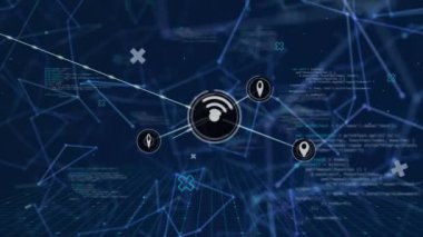 Animation of network of digital icons and data processing against blue background. Global networking and business technology concept