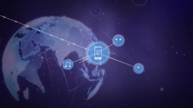 Animation of network of digital icons against light trails over spinning globe on purple background. Global networking and business technology concept