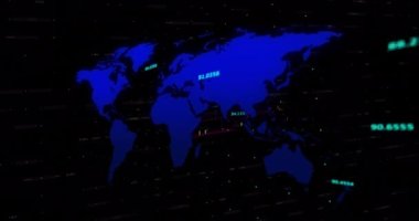 Animation of financial data processing over world map against black background. Global finance and business networking technology concept