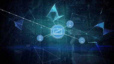Animation of network of digital icons over globe of plexus network against blue background. Global networking and business technology concept