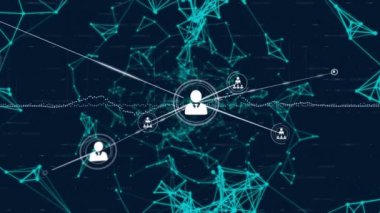 Animation of network of profile icons, plexus networks and data processing against blue background. Global networking and business technology concept