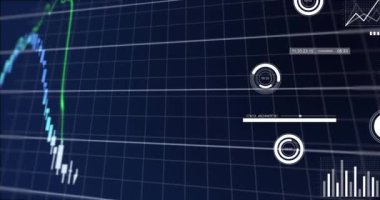 Animation of interface with financial data processing against blue background. Global finance and business data technology concept