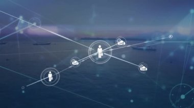 Animation of network of digital icons against aerial view of boats in the sea and sunset sky. Global networking and business technology concept