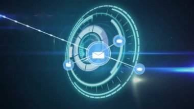 Animation of network of digital icons over round scanner and light trails against blue background. Global networking and business technology concept