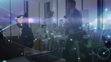 Animation of network of connections over two diverse women discussing over a computer at office. Global networking and business technology concept