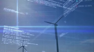 Animation of statistical and stock market data processing over spinning windmills against blue sky. Global economy and renewable energy technology concept