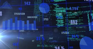 Animation of multiple changing numbers and statistical data processing against blue background. Computer interface and business data technology concept