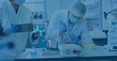 Animation of scientific data processing over caucasian male scientist in laboratory. Global science, computing and data processing concept digitally generated video.