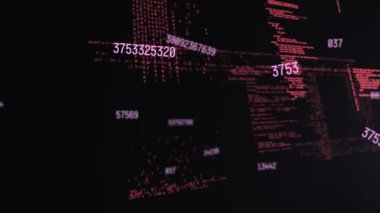 Animation of moving numbers and data processing over light spots on black background. Global business, finances, computing and data processing concept digitally generated video.