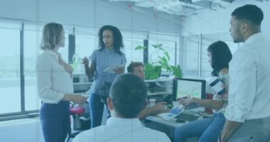 Animation of stock market data processing against team of diverse colleagues discussing at office. Global economy and business data technology concept