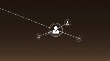 Animation of network of digital icons against brown gradient background. Global networking and business technology concept