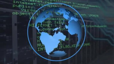 Animation of spinning globe and data processing against mosaic squares over computer server room. Global networking and business data storage technology concept