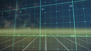 Animation of yellow grid network moving against blue background. Computer interface and business technology concept