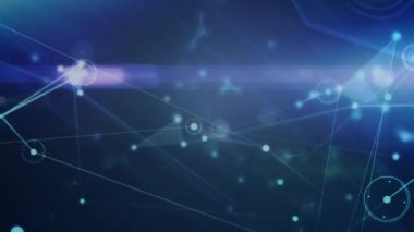 Animation of network of connections over light trails against blue background. Global networking and business technology concept
