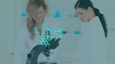 Animation of scientific data processing over caucasian scientists in laboratory. Global science, computing and data processing concept digitally generated video.