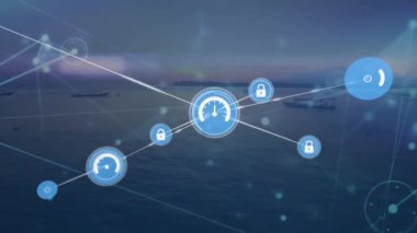 Animation of network of digital icons against aerial view of boats in the sea and sunset sky. Global networking and business technology concept