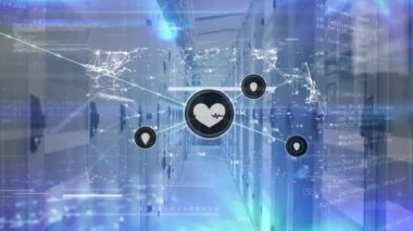 Animation of connected icons and dots, numbers and computer language against server room. Digital composite, multiple exposure, ideas, communication, technology, security and network server.