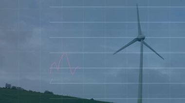 Animation of statistical data processing over spinning windmill against grey sky. Renewable energy and business data technology concept