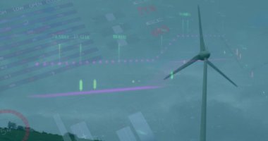 Animation of data processing and world map over wind turbine. Global business, ecology and digital interface concept digitally generated video.