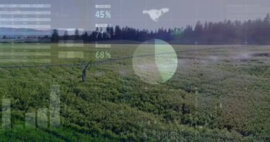 Animation of financial data processing over countryside landscape. Global environment, business, finances, computing and data processing concept digitally generated video.