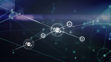Animation of network of digital icons against light trails on blue background. Global networking and business technology concept