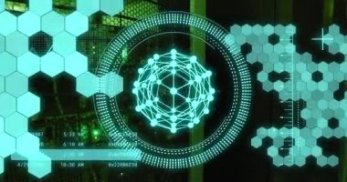Animation of data processing and shapes moving over server room. Global business, security and digital interface concept digitally generated video.