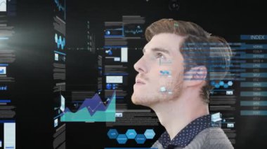 Animation of data processing over caucasian man looking around against black background. Computer interface and business data technology concept