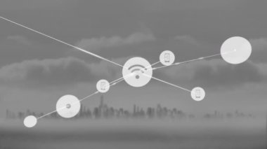 Dijital simge ağının şehir manzarasının havadan görüntüsüne karşı animasyonu. Küresel ağ ve iş teknolojisi kavramı