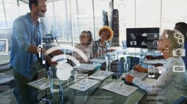 Animation of financial data processing over diverse business people. Global business, finances, computing and data processing concept digitally generated video.