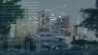 Animation of data processing and shapes moving over people walking in city. Global business, technology and digital interface concept digitally generated video.