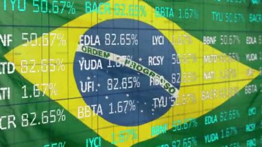Animation of stock market data processing against waving brazil flag. Global economy and business technology concept
