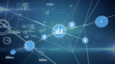 Animation of icons connected with lines over graphs and soundwaves on blue background. Digitally generated, hologram, communication, report, direction, business and technology concept