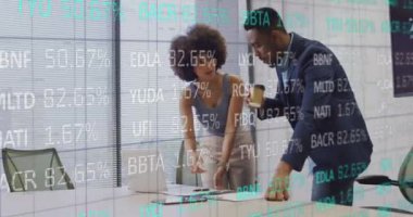 Animation of trading board over diverse coworkers discussing reports on laptop and drinking coffee. Digital composite, multiple exposure, stock market, beverage, teamwork, office and technology.