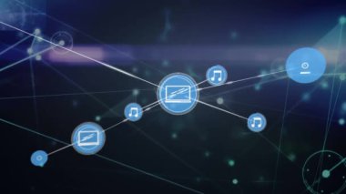 Animation of network of connections and digital icons over light trails against blue background. Global networking and business technology concept