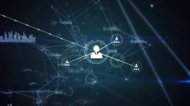 Animation of network of profile icons and data processing against light trails on blue background. Global networking and business technology concept