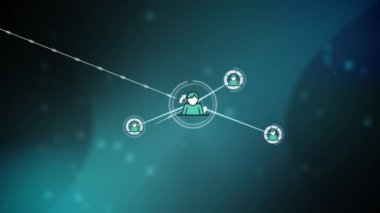 Animation of network of connections with icons over green background. Global network, business, finances, computing and data processing concept digitally generated video.