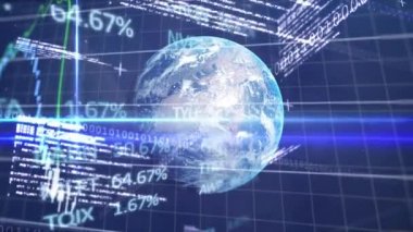 Animation of stock market data processing over globe and light trails against blue background. Global economy and business data technology concept