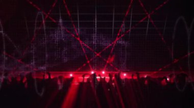 Animation of red light trails on stage and shapes moving over silhouettes of people dancing. Party, celebration and digital interface concept digitally generated video.