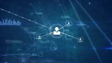 Animation of network of profile icons and data processing over light trails against blue background. Global networking and business technology concept