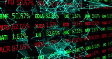 Animation of stock market data processing over glowing plexus networks against black background. Global economy and business networking technology concept