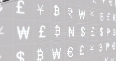 Animation of multiple currency symbols moving over data processing against white background. Global economy and business interface technology concept