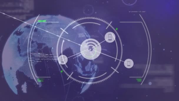 Animation Network Digital Icons Data Processing Spinning Globe Purple Background — Stock videók