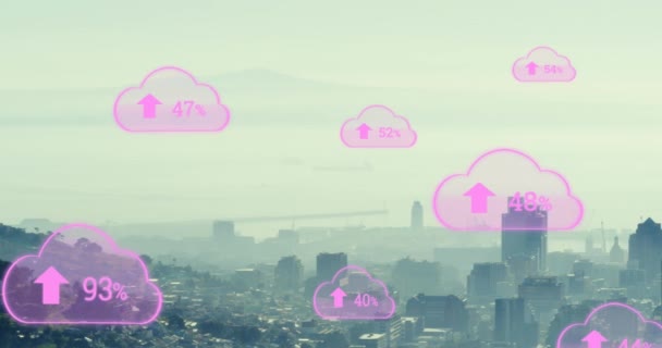 Animation Digital Clouds Uploading Floating Cityscape Data Clouds Computing Network — Stock Video