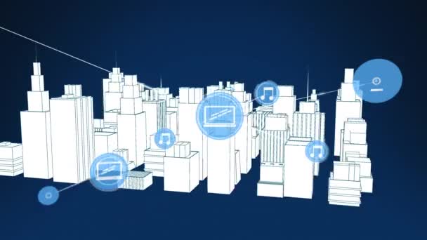 Animatie Van Netwerk Van Verbindingen Metavers Stadsbeeld Donkerblauwe Achtergrond Netwerk — Stockvideo