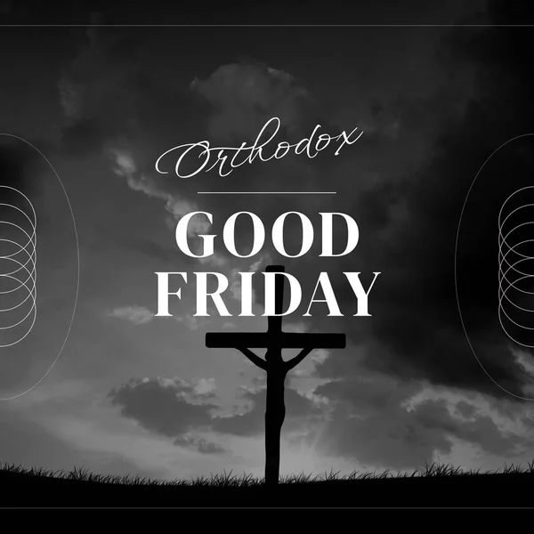 Composition of orthodox good friday text over clouds and cross. Orthodox good friday and celebration concept digitally generated image.
