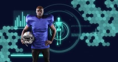 Animation of scope scanning and data processing over african american male american football player. Global sport and digital interface concept digitally generated video.