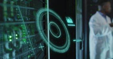 Animation of scope scanning over african american workers using tablet in server room. Global technology and digital interface concept digitally generated video.