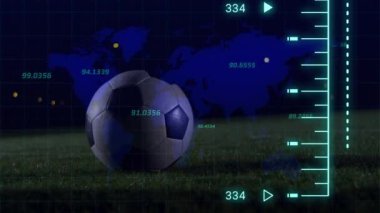 Animation of world map and data processing over caucasian man playing football. Global sport and digital interface concept digitally generated video.