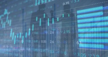 Animation of stock market data processing over silhouette of two businessmen holding hands. Global economy and business technology concept